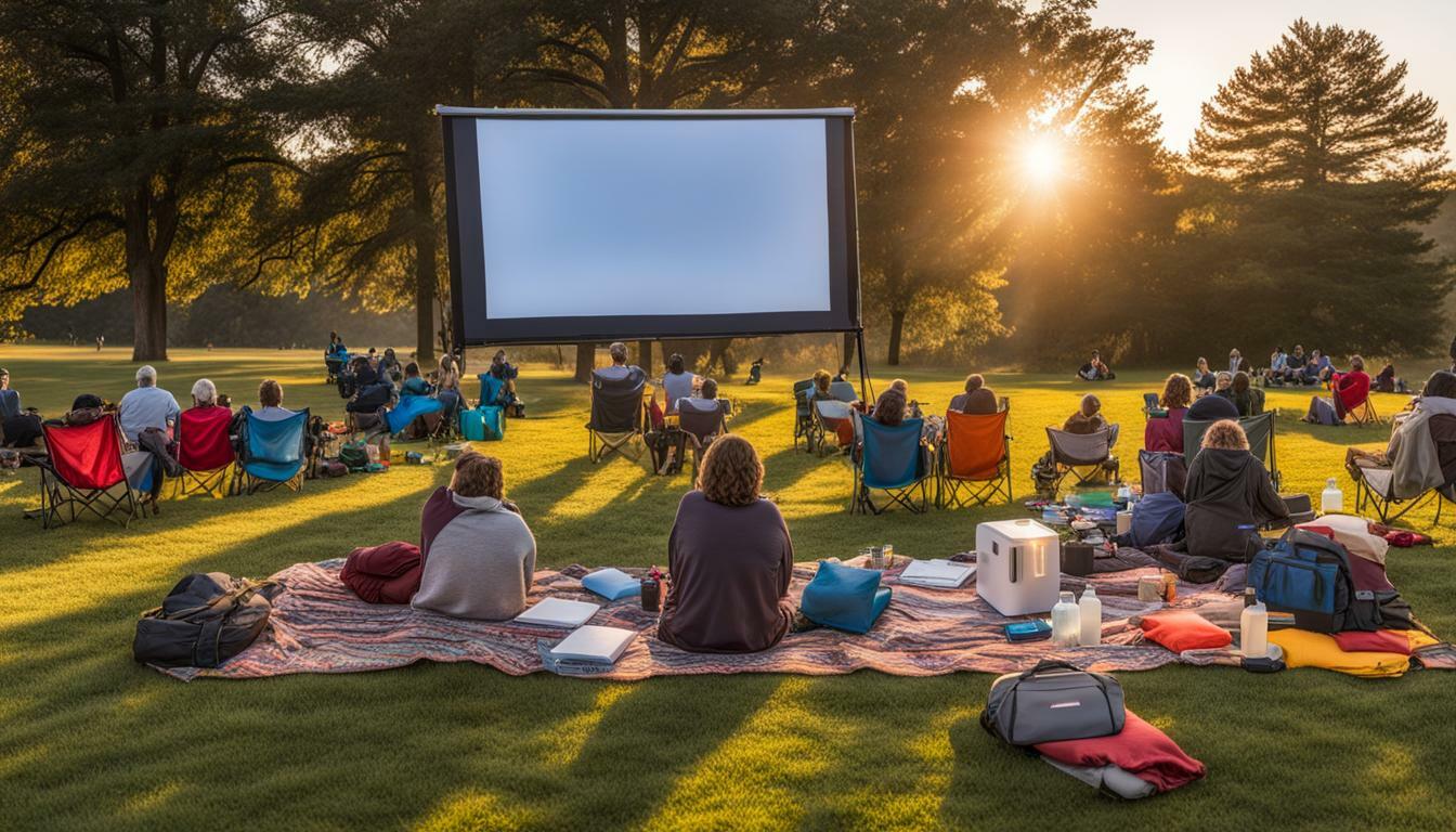 Outdoor film screening event with people sitting on the grass