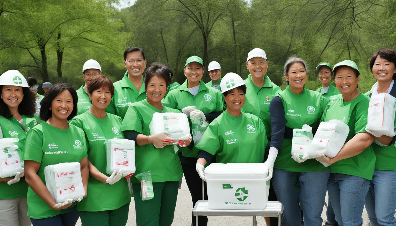 Volunteer park clean-up crew with green first aid kit supplier