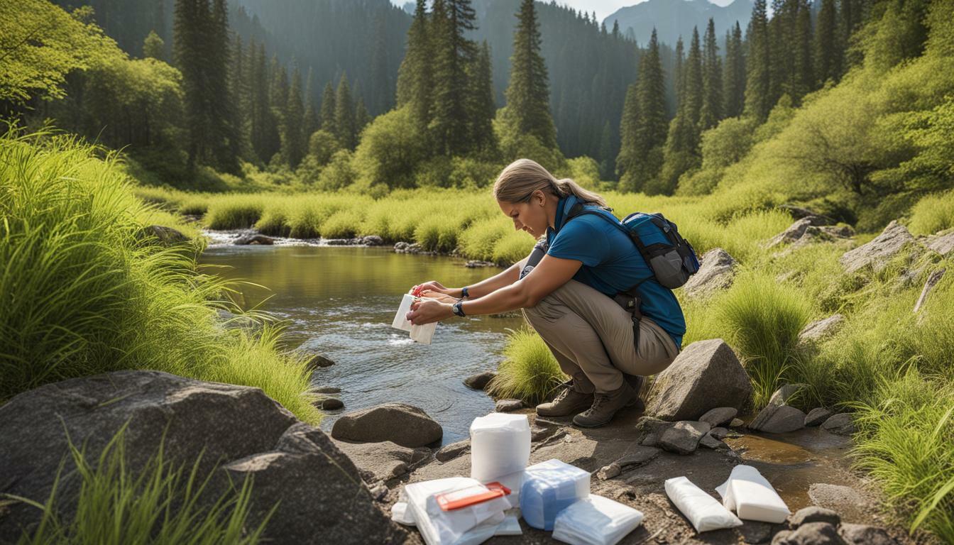 Environmental scientist using a first aid kit in a remote location