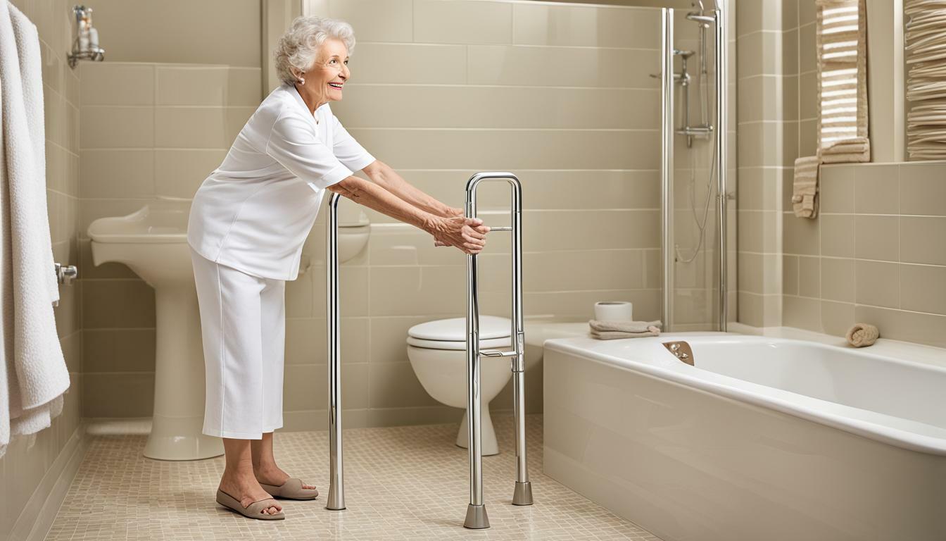 Elderly woman holding onto grab bar in bathroom