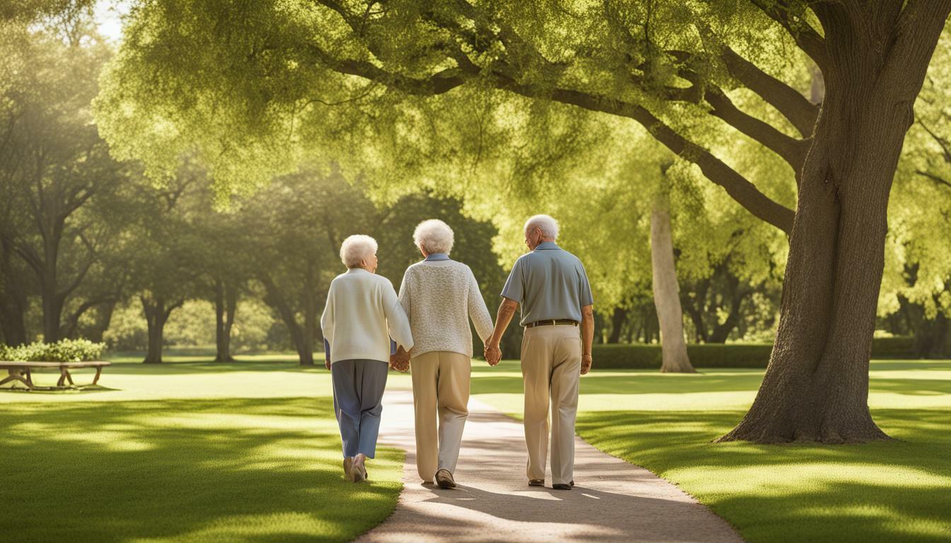 Elderly couple walking with a caregiver