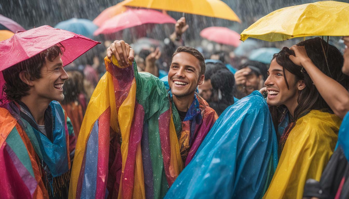 festival-goers wearing rain ponchos