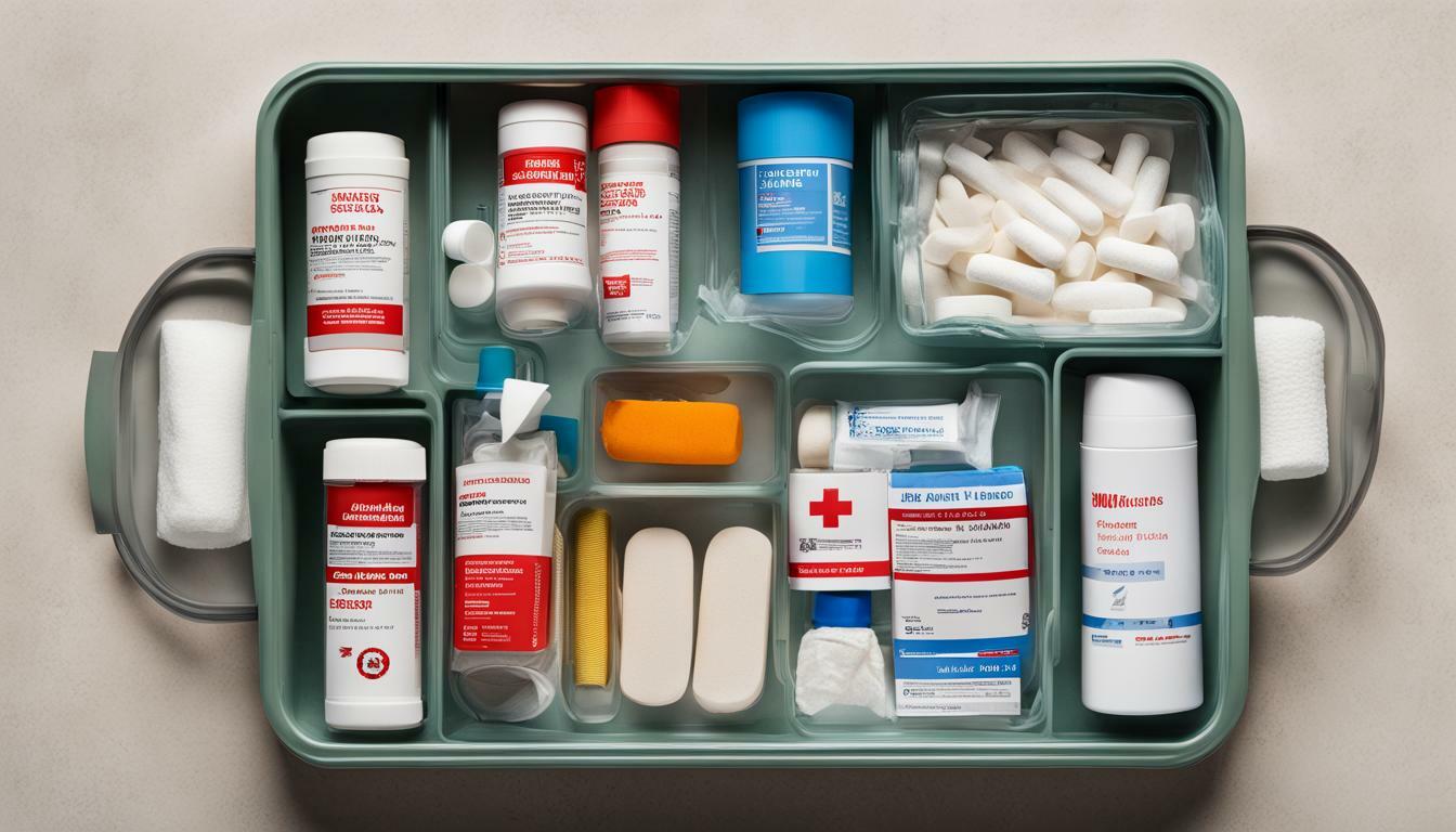 Organizing a first aid kit in a clear container.
